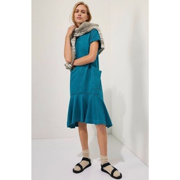 Anthropologie Saturday Sunday Joella Midi Dress teal short sleeve women’s size M - Picture 1 of 14